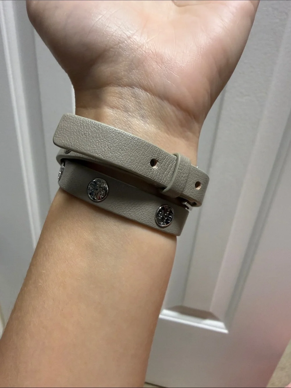 Tory Burch Gray Leather Double-Wrap Bracelet with Silver Accents